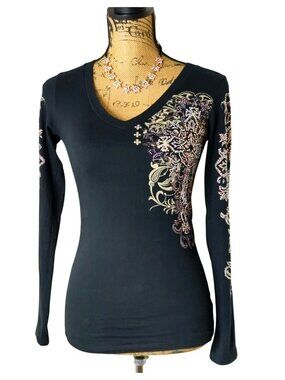 Vocal Womens S Embellishments Top Lng Slv Top Black Rhinestone Cross Graphic
